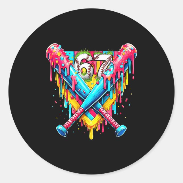 Baseball Ice Cream Drip Number 67 Player 67th Birt Classic Round Sticker (Front)