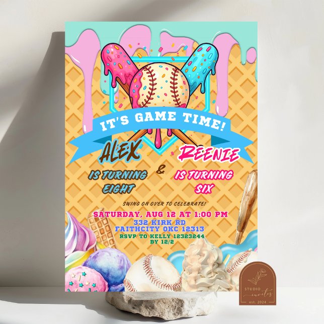 Baseball Ice Cream Drip Twins Birthday Party Invitation (Creator Uploaded)