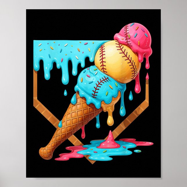 Baseball Ice Cream Dripping Funny Baseball Men Kid Poster (Front)