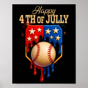 Baseball Ice Cream Dripping Patriotic Happy 4th Of Poster