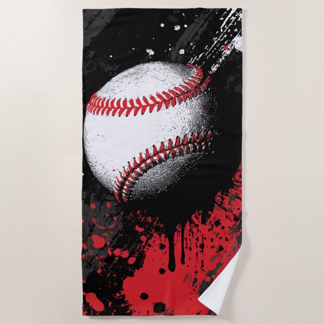 Baseball Impact Art – Bold Red Splash Design Beach Towel (Front)