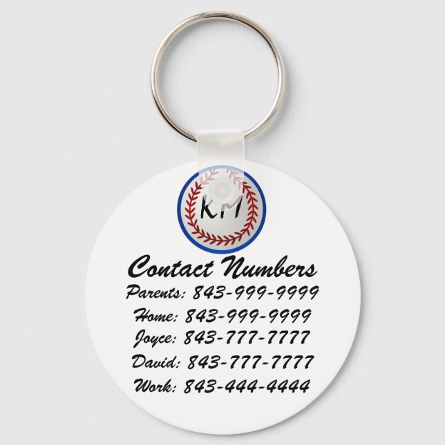 baseball Important Phone Numbers Keychain (Front)