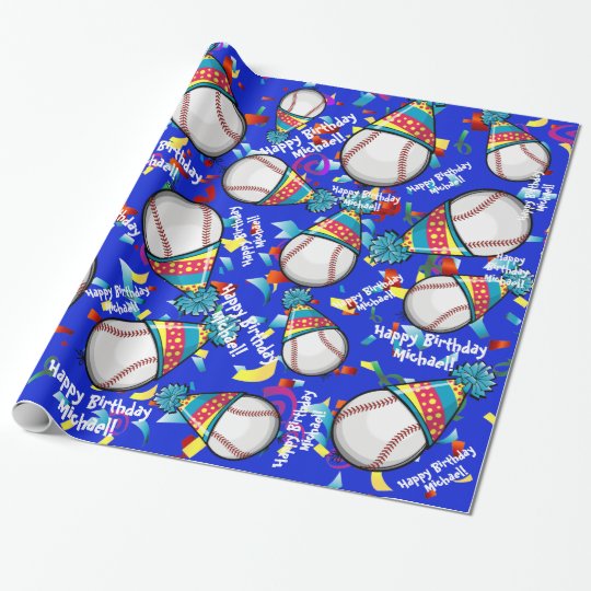 Baseball In a Party Hat Customised Birthday Wrapping Paper Zazzle