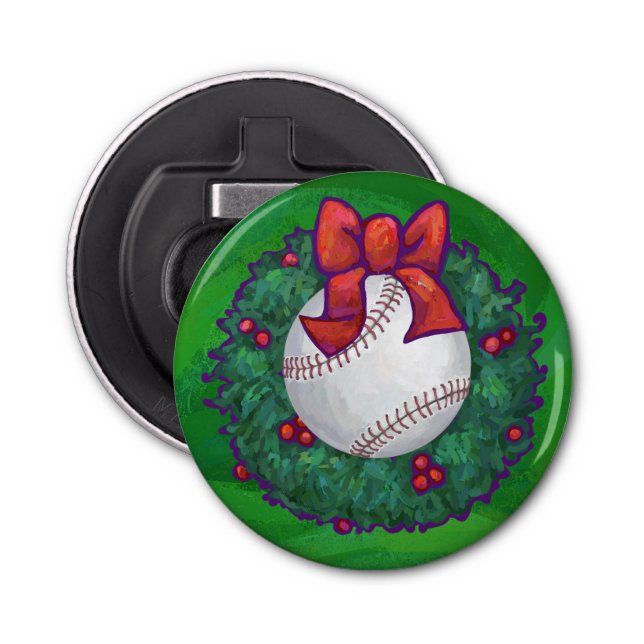 Baseball in Christmas Wreath Bottle Opener (Front)