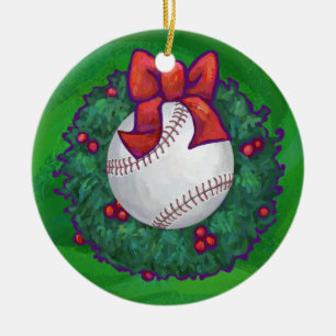 Baseball in Christmas Wreath Ceramic Tree Decoration