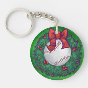 Baseball in Christmas Wreath Key Ring
