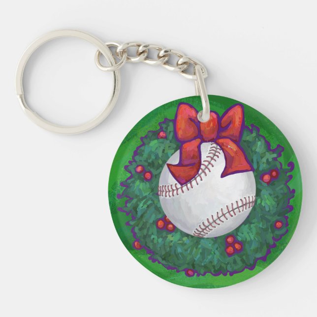 Baseball in Christmas Wreath Key Ring (Front)