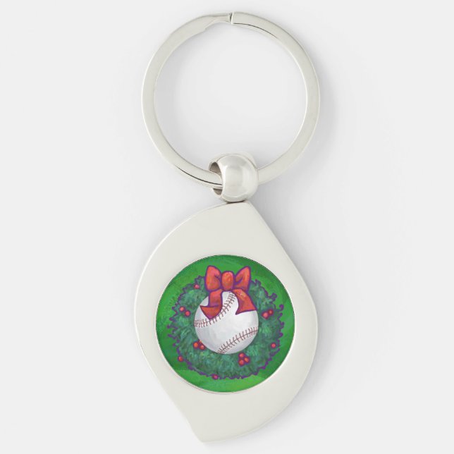 Baseball in Christmas Wreath Key Ring (Front)