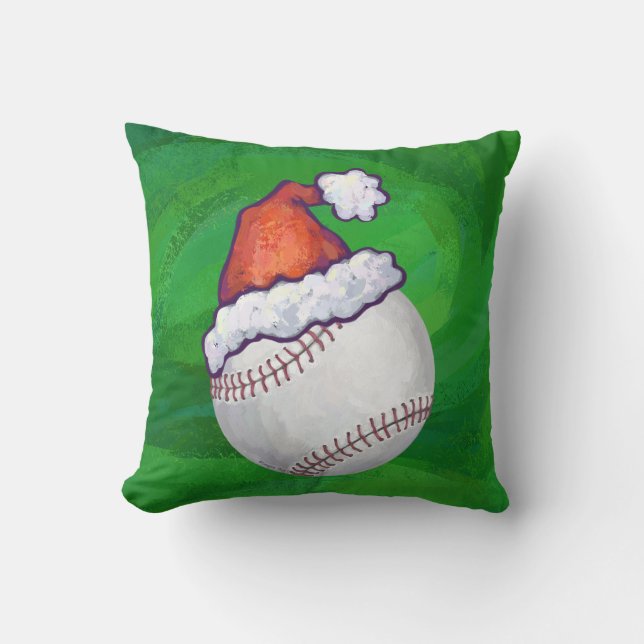Baseball in Santa Hat on Green Cushion (Front)