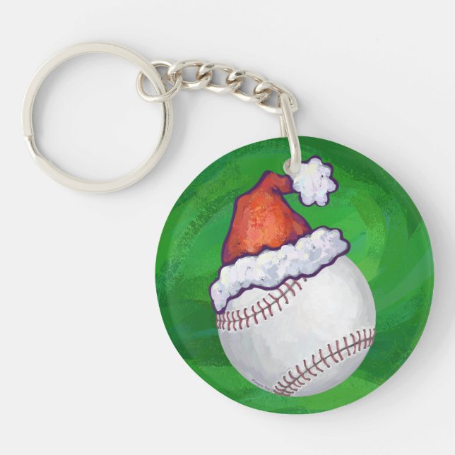 Baseball in Santa Hat on Green Key Ring (Front)