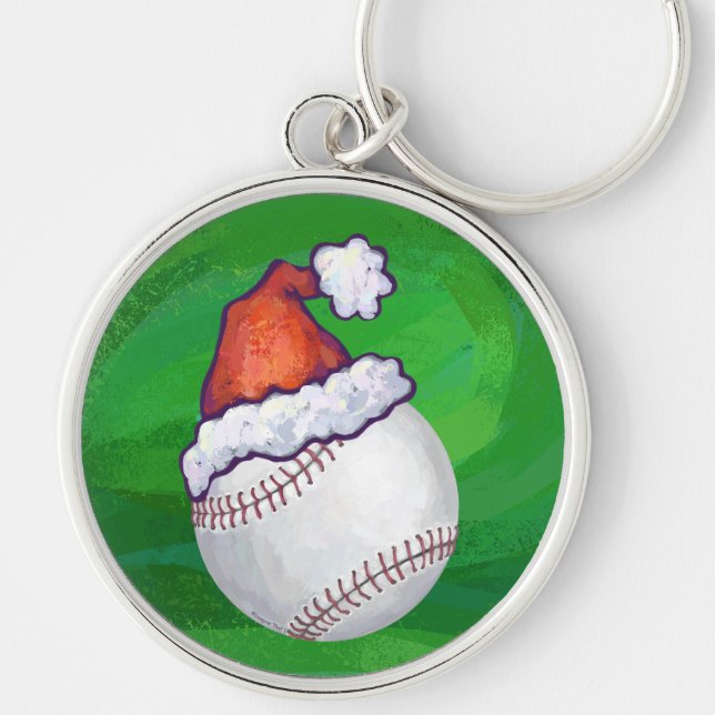 Baseball in Santa Hat on Green Key Ring (Front)