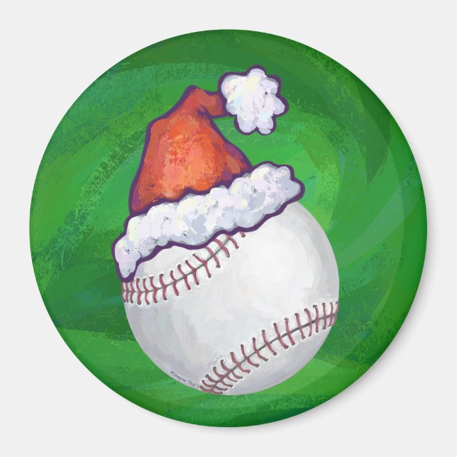 Baseball in Santa Hat on Green Magnet (Front)