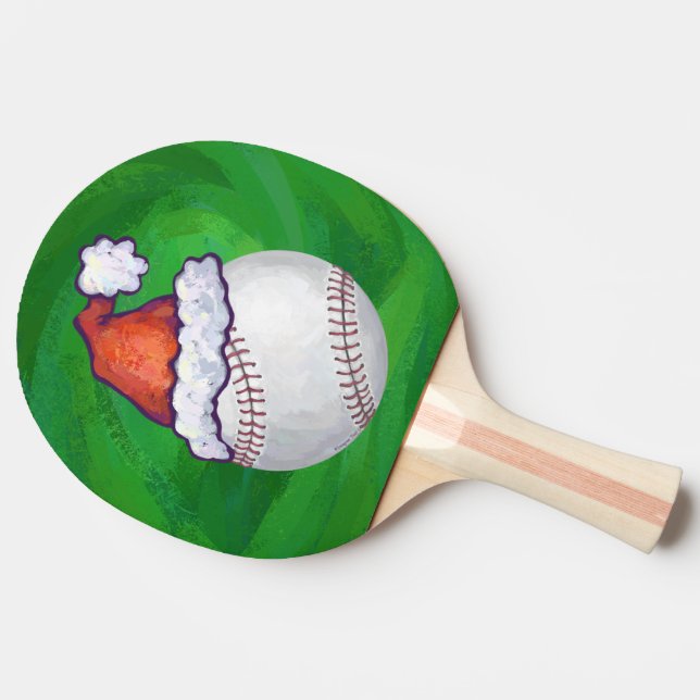 Baseball in Santa Hat on Green Ping Pong Paddle (Side)
