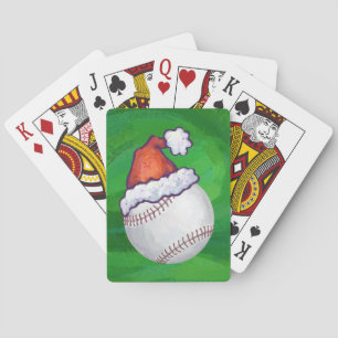 Baseball in Santa Hat on Green Playing Cards