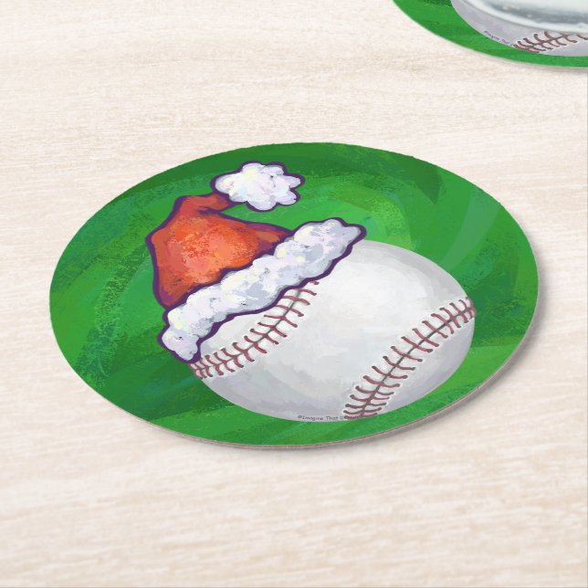 Baseball in Santa Hat on Green Round Paper Coaster (Angled)