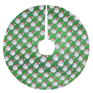 Baseball in Santa Hat Pattern on Green Brushed Polyester Tree Skirt