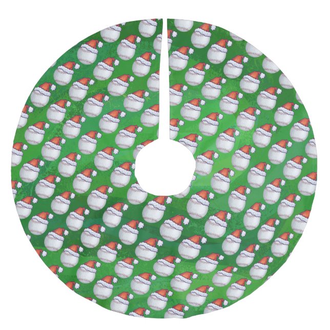 Baseball in Santa Hat Pattern on Green Brushed Polyester Tree Skirt (Front)