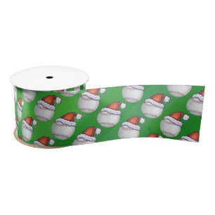 Baseball in Santa Hat Pattern on Green Satin Ribbon
