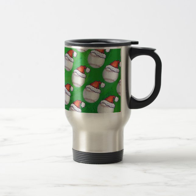 Baseball in Santa Hat Pattern on Green Travel Mug (Right)
