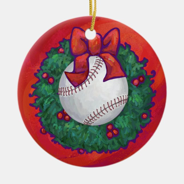 Baseball in Wreath on Red Ceramic Tree Decoration (Front)