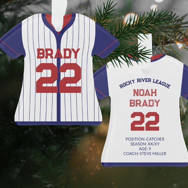 Baseball Jersey Player Stats Red Navy Keepsake  Ornament (Personalized Baseball Jersey Red Navy Blue & White | Player stats, kid keepsake, team gifts)