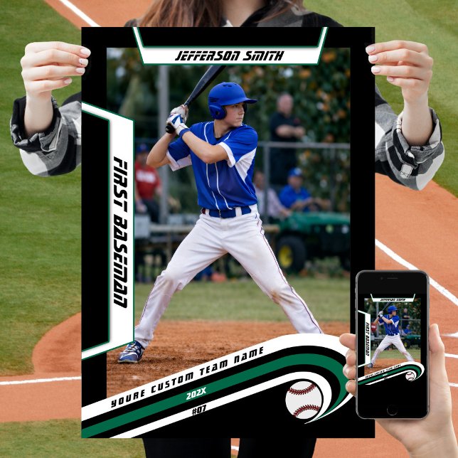 Baseball Keepsakes in Lively Green Black Custom  Poster (Baseball Player Poster in Black and Green with Custom Team Name and dynamic White Elements)