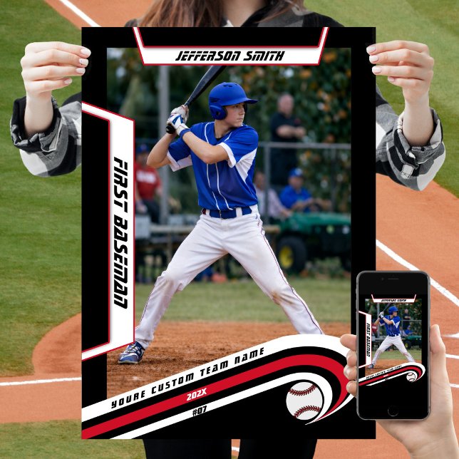 Baseball Keepsakes in Lively Red Black Custom  Poster (Baseball Player Poster in Black and Red with Custom Team Name and dynamic White Elements)