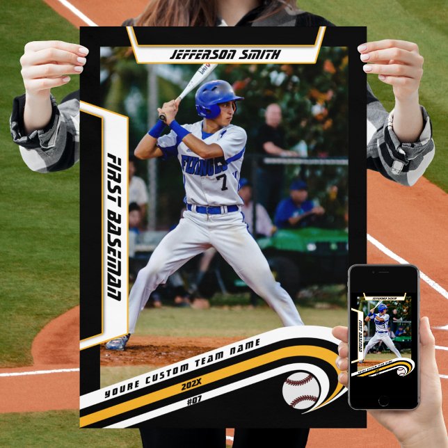 Baseball Keepsakes in Lively Yellow Black Custom  Poster (Baseball Player Poster in Black and Yellow with Custom Team Name and dynamic White Elements)