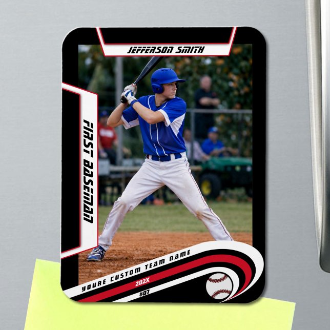 Baseball Keepsakes Lively Red Black Custom Magnet (Baseball Player Magnet in Black with Custom Team Name and White Red Stripes)