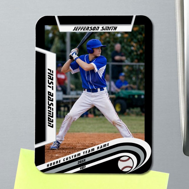Baseball Keepsakes Lively Silver Black Custom Magnet (Baseball Player Magnet in Black with Custom Team Name and White Silver Elements)