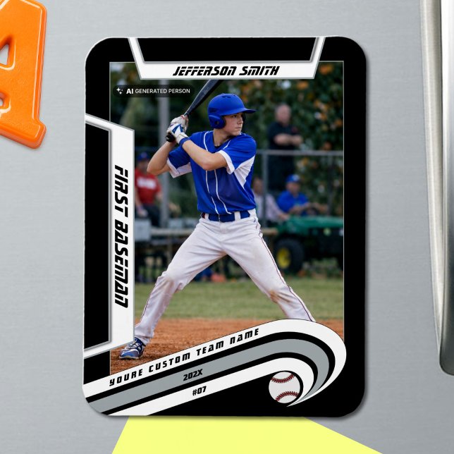 Baseball Keepsakes Lively Silver Black Custom Magnet (Baseball Player Magnet in Black with Custom Team Name and White Silver Elements)