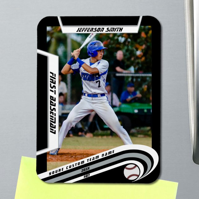 Baseball Keepsakes Lively Silver Black Custom Magnet (Baseball Player Magnet in Black with Custom Team Name and White Silver Elements)