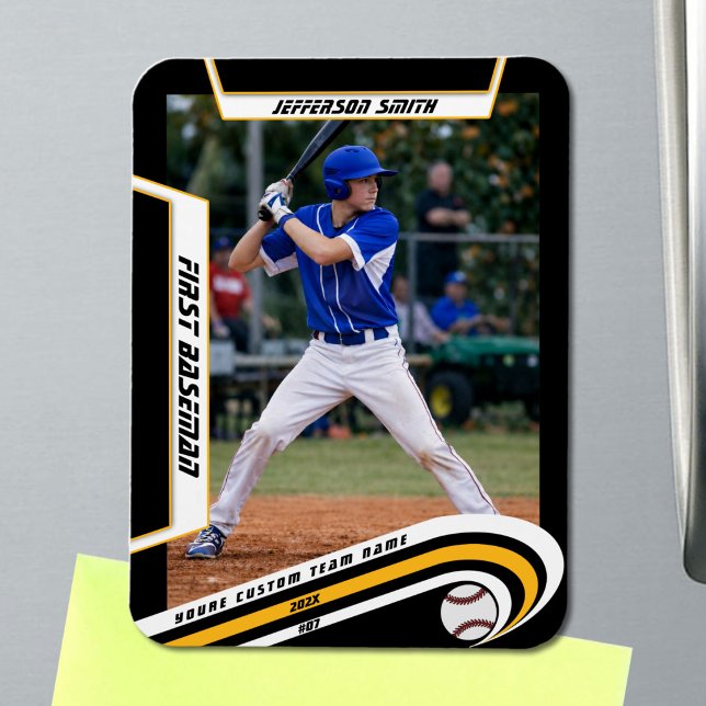 Baseball Keepsakes Lively Yellow Black Custom Magnet (Baseball Player Magnet in Black with Custom Team Name and White Yellow Elements)