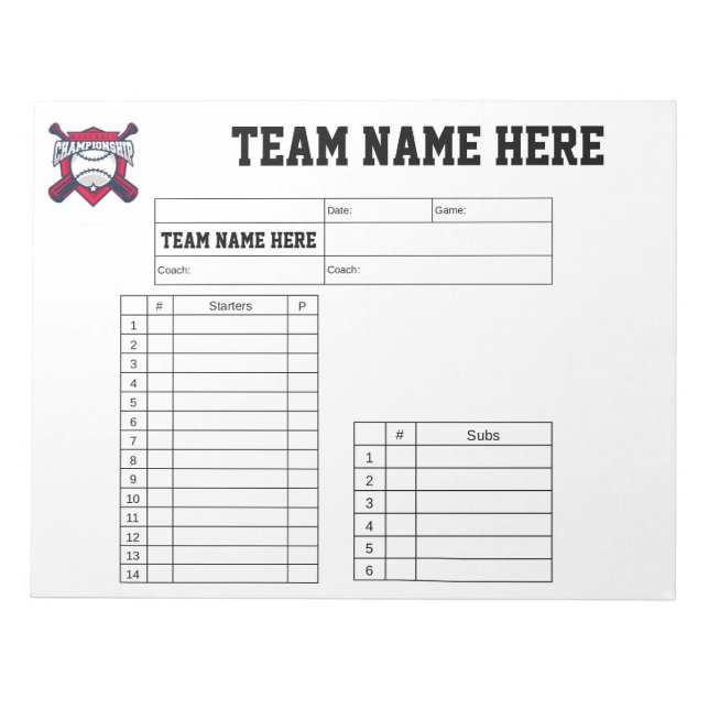 Baseball Lineup Cards Notepad (Front)