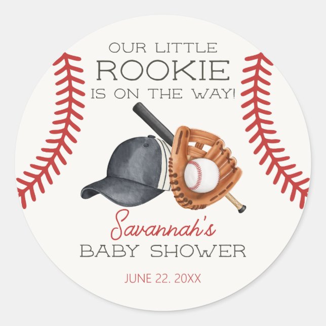 Baseball Little Rookie Home Run Baby Shower Classic Round Sticker (Front)