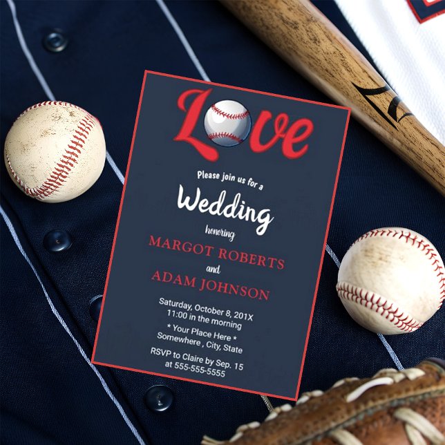 Baseball Love Burgundy Floral Navy Wedding Invitation (Creator Uploaded)