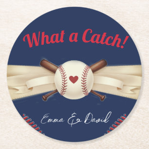 Baseball Love Dark Navy Sports Wedding Round Paper Coaster