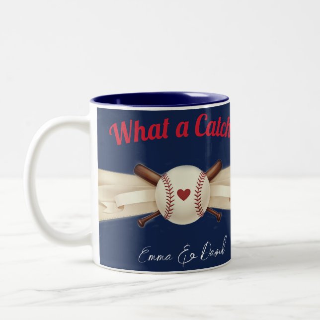 Baseball Love Dark Navy Sports Wedding Two-Tone Coffee Mug (Left)