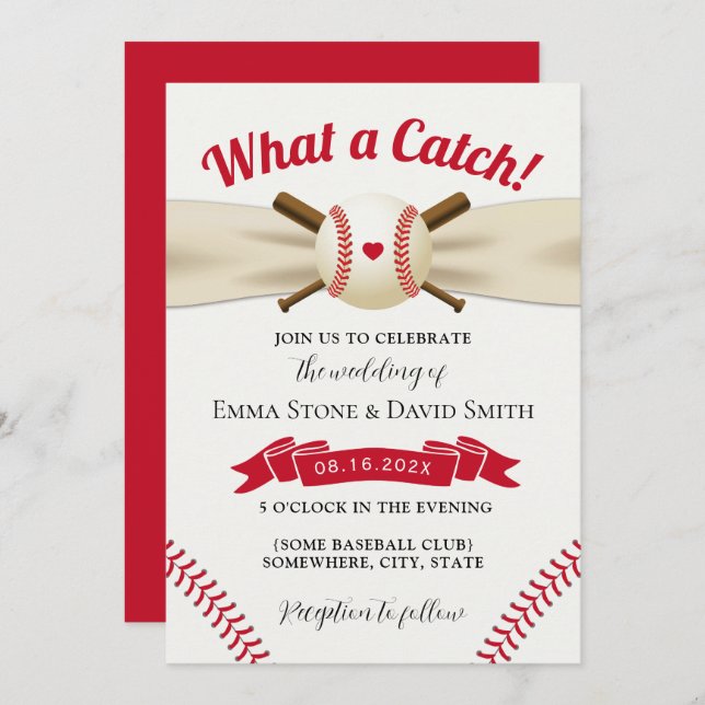 Baseball Love Elegant Sports Wedding Red Invitation (Front/Back)