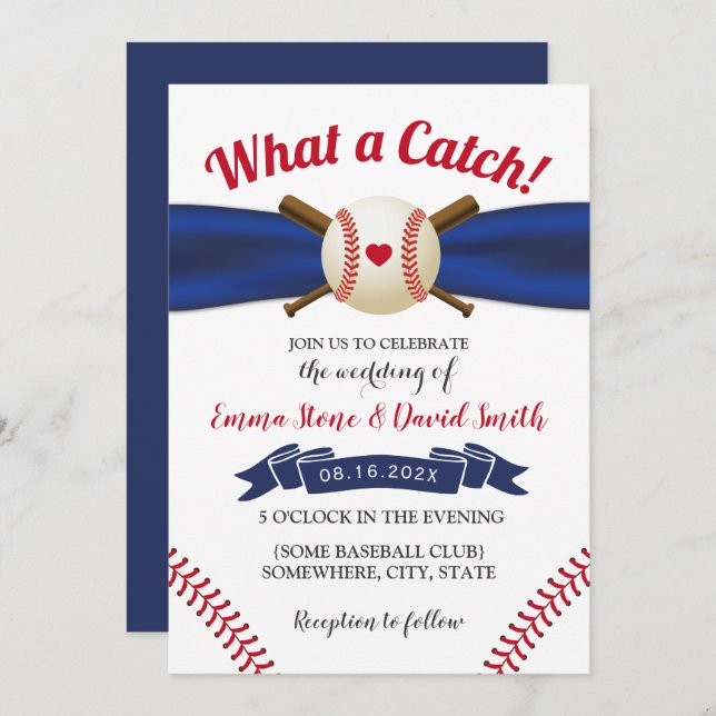 Baseball Love Navy Ribbon Sports Wedding  Invitation (Front/Back)