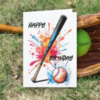 Baseball Lovers Bat & Ball Splash Birthday Card