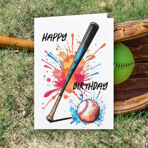 Baseball Lovers Bat & Ball Splash Birthday Card