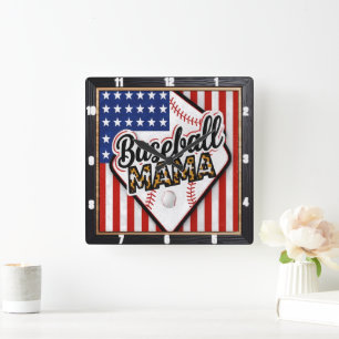 Baseball Mama Leopard Print Sports Square Wall Clock