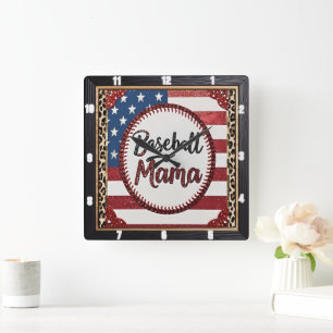 Baseball Mama Patriotic Sports Square Wall Clock