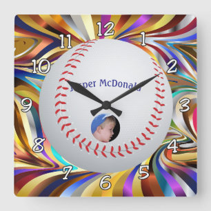 Baseball Many-colour Background Photo Personalise Square Wall Clock