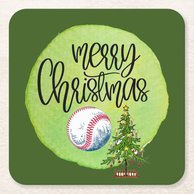 Baseball Merry Christmas with ball and tree  Square Paper Coaster (Front)