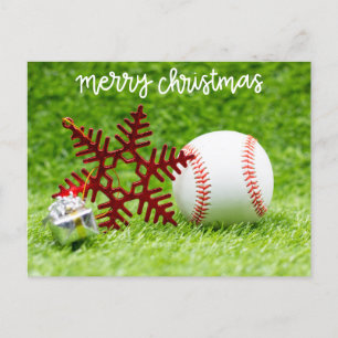 Baseball Merry Christmas with ball and Xmas tree Holiday Postcard