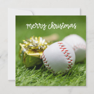 Baseball Merry Christmas with ball on Green grass  Holiday Card