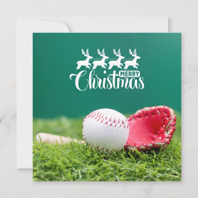 Baseball Merry Christmas with gifts on green grass Card (Front)