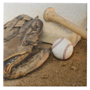 Baseball, Mitt, and Bat on Base Ceramic Tile